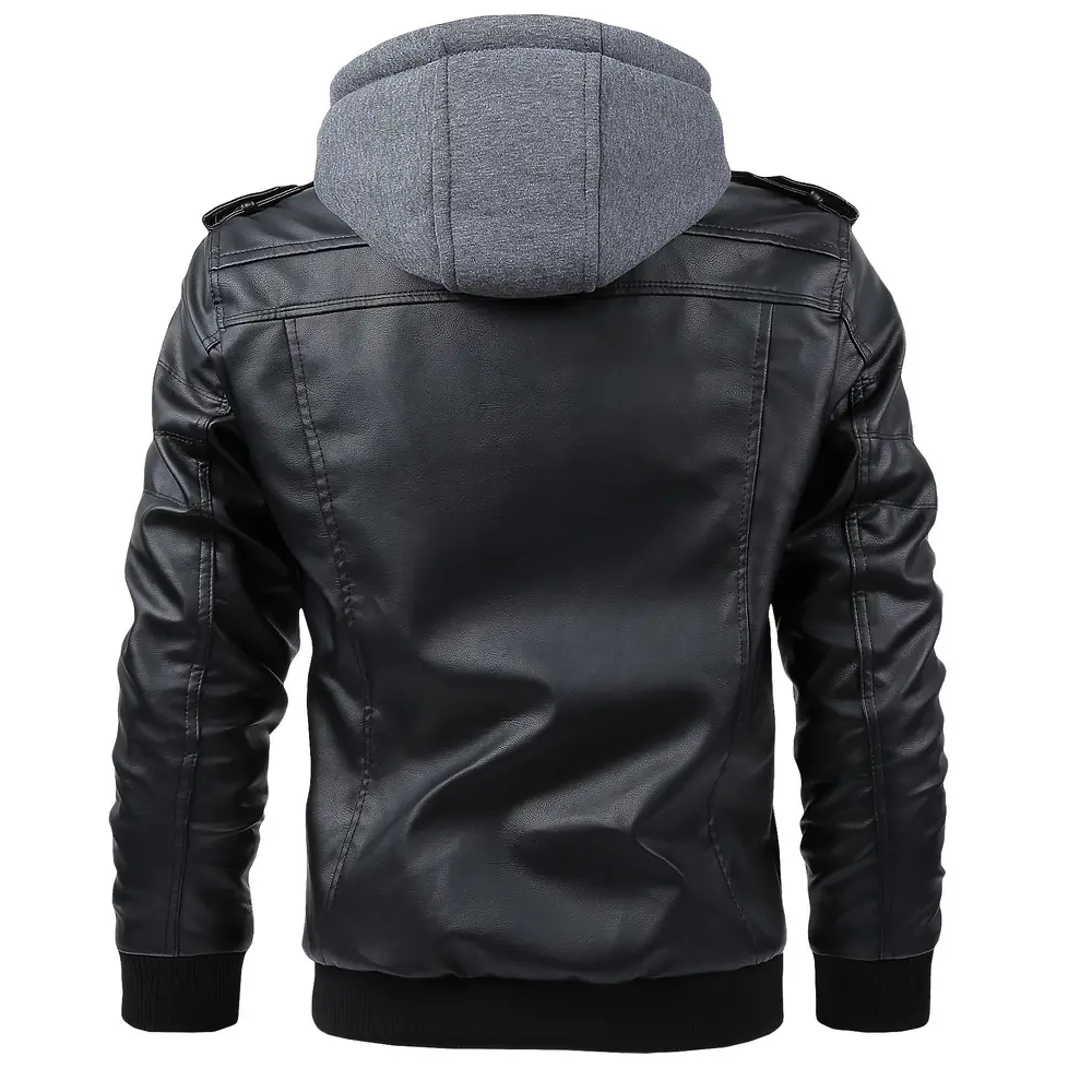 Leather hooded pockets zipper jacket