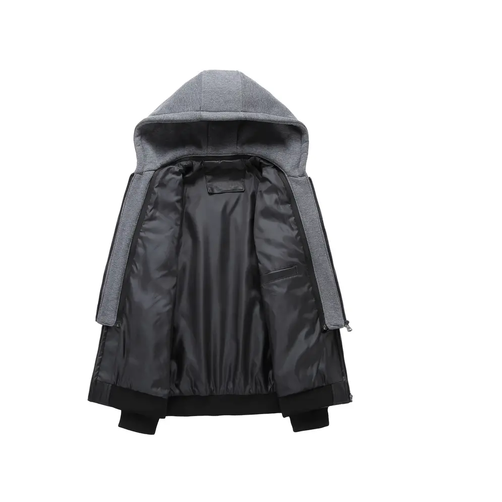 Leather hooded pockets zipper jacket