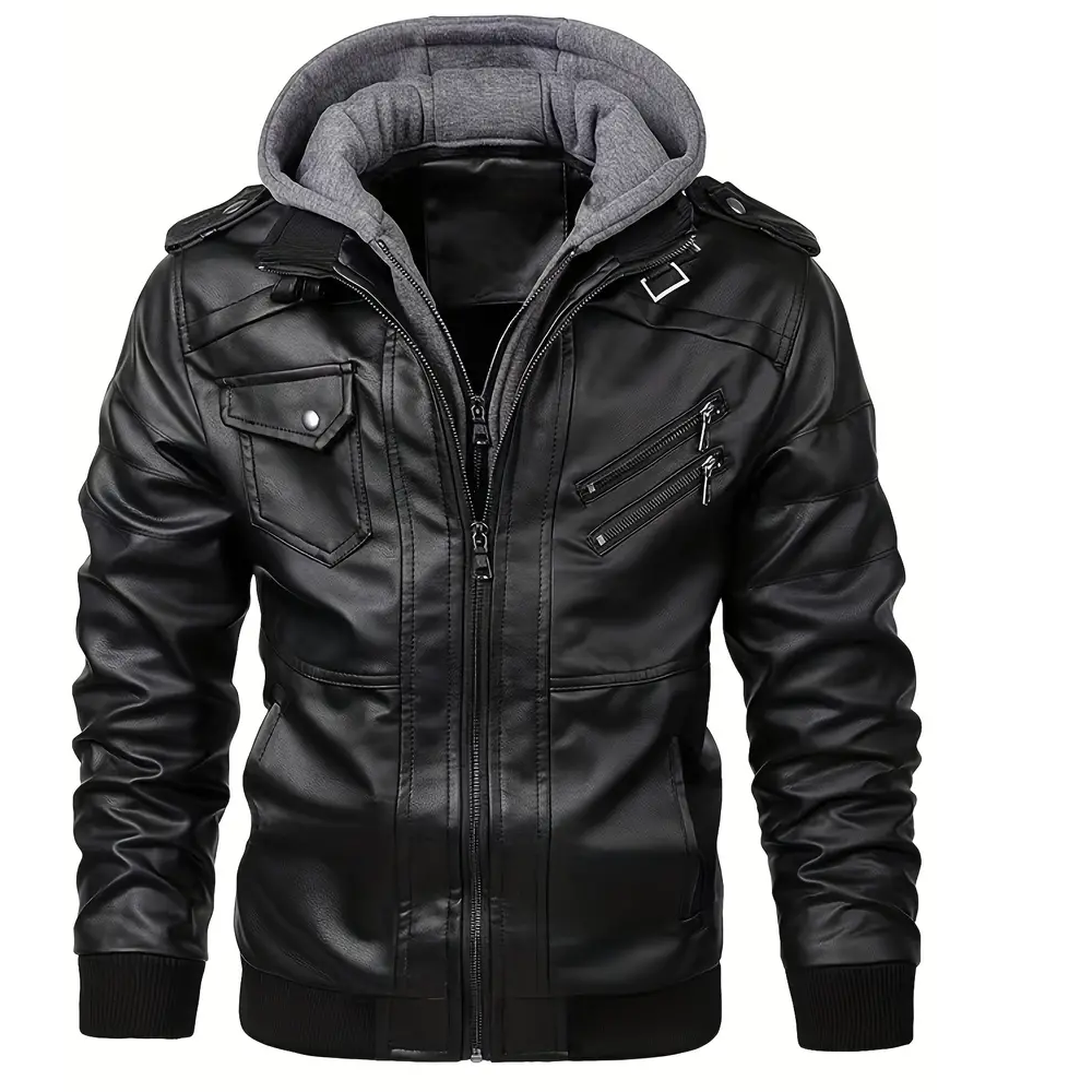 Leather hooded pockets zipper jacket